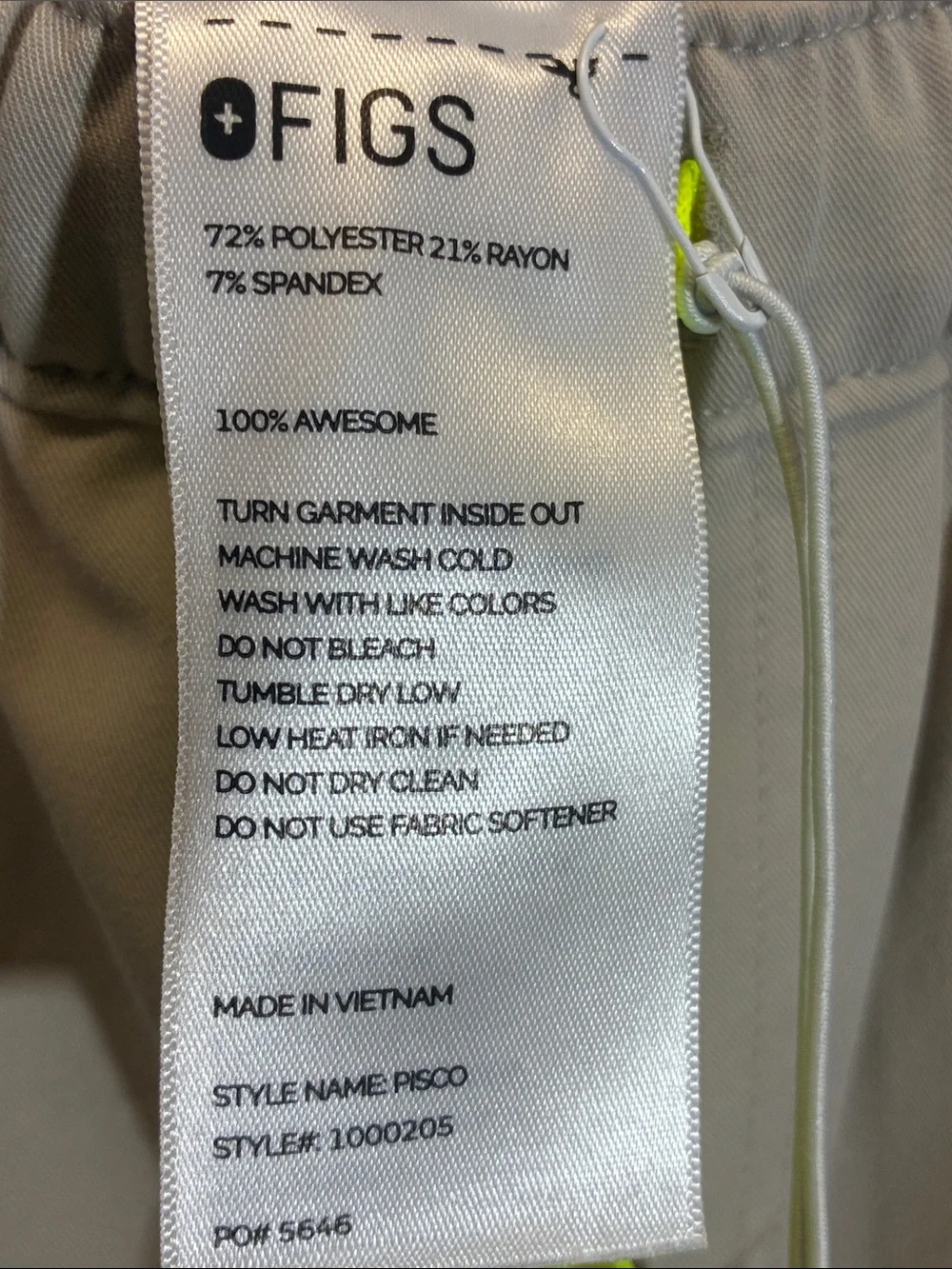 Figs Men's Small Beige Pisco Scrub Pants with Neon Yellow Tie